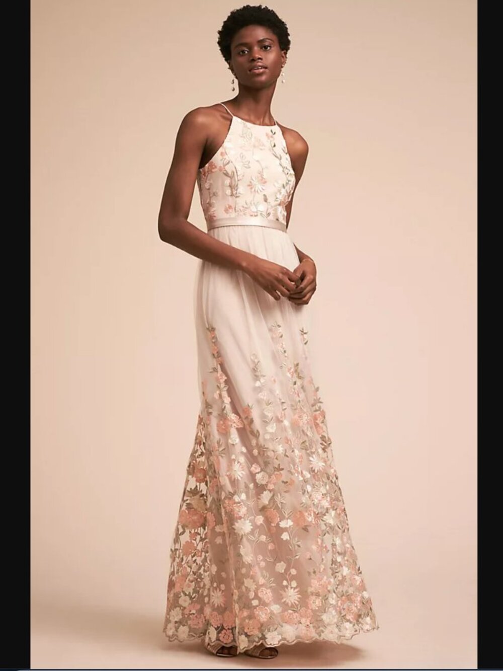 NEW Anthropologie BHLDN Shannon Embroidered Tulle Maxi Dress (Neutral, Size XS)